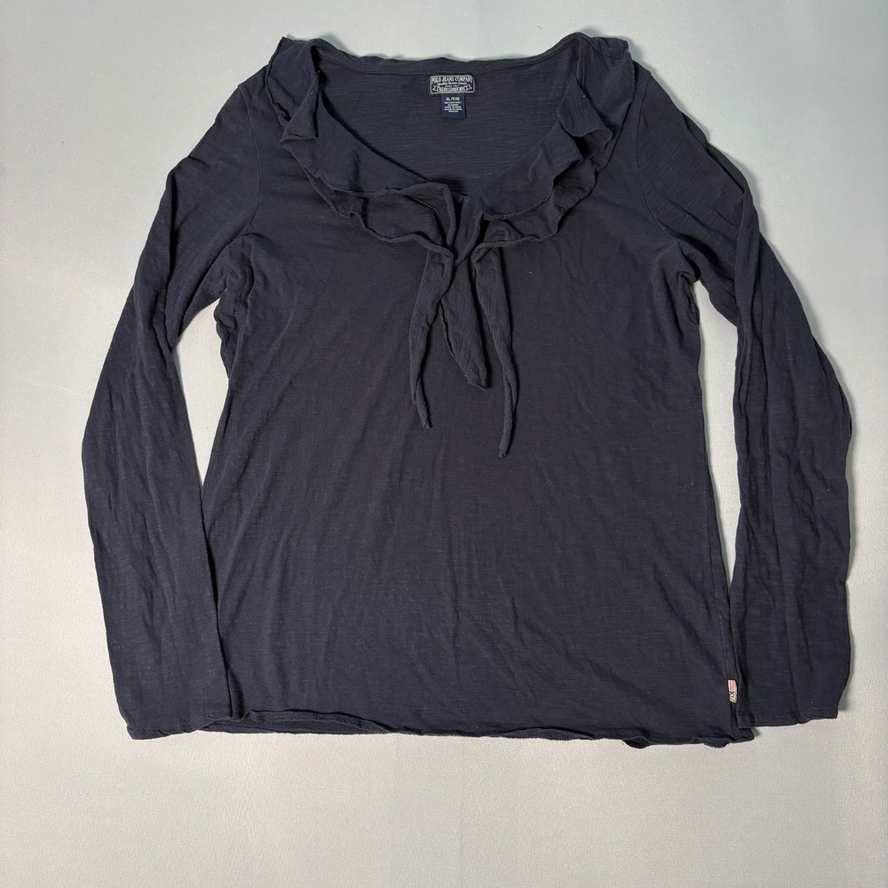 Polo Jeans Co Ralph Lauren Navy Blue Ruffle Tie Neck Slub Cotton Top XL